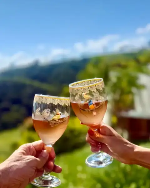 Duas taças num brinde, com as montanhas ao fundo